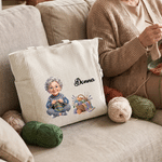 Personalised Knitted Cartoon Character Large Capacity Corduroy Tote Bag with Name and Photo Birthday Anniversary Gift for Women Knitting Lovers