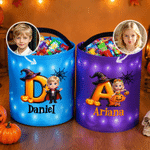 Personalized Halloween Theme Kid Photo LED Light Bucket Bag with Name and Initial Trick or Treat Halloween Party Gift for Boys Girls