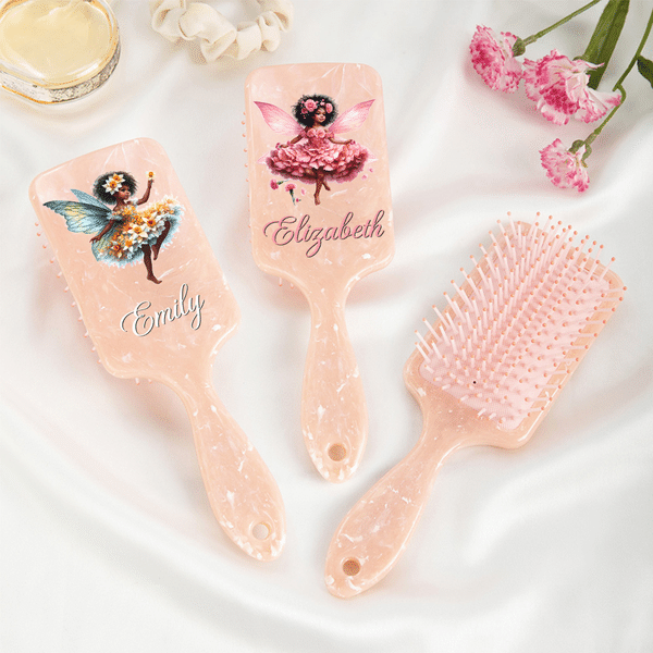 Personalized Black Birth Flower Fairy Anti-Static Massage Comb with Name Makeup Tool Birthday Gift for  African American Girls