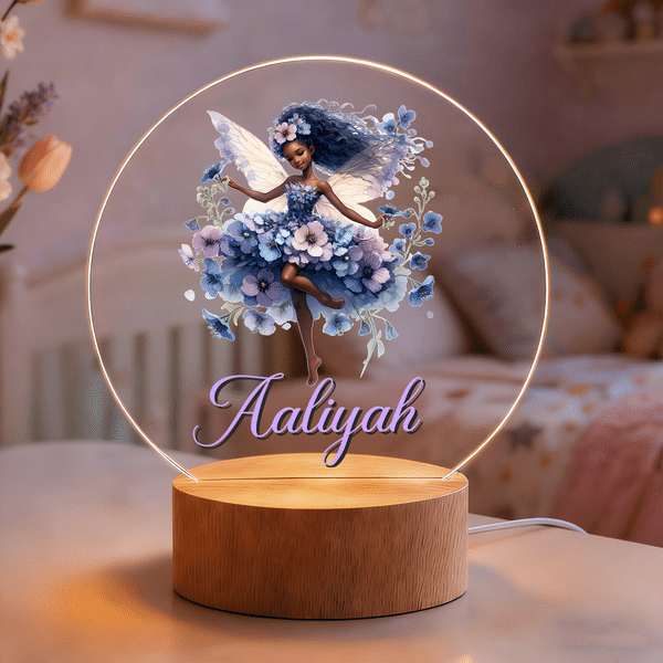 Personalised Black Birth Flower Fairy LED Night Light with Name and Wooden Base Room Decor Birthday Gift for African American Girls