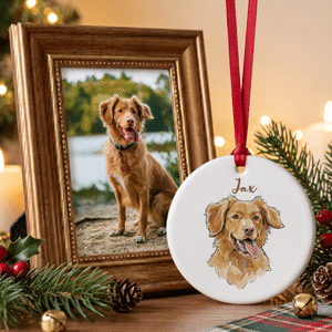 Personalized Watercolor Cartoon Pet Photo Ceramic Ornament with Name Christmas Tree Hanging Decor Christmas Pet Party Anniversary Gift for Pet Lovers