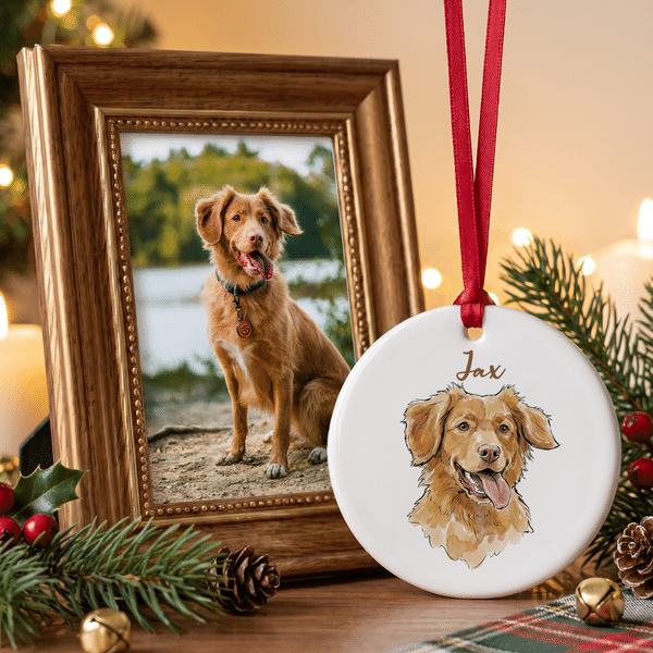 Personalized Watercolor Cartoon Pet Photo Ceramic Ornament with Name Christmas Tree Hanging Decor Christmas Pet Party Anniversary Gift for Pet Lovers