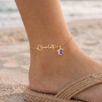 Personalized Dainty Birthstone Sea Turtle Anklet with Name Beach Accessory Birthday Gift for Woman Ocean Lovers