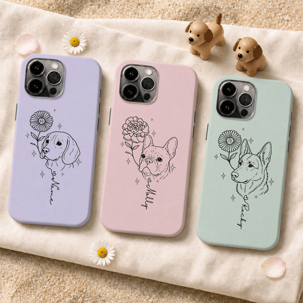 Personalized Line Art Style Birth Flower Pet Photo Phone Case for iPhone Samsung with Name Daily Use Birthday Gift for Pet Owners Lovers
