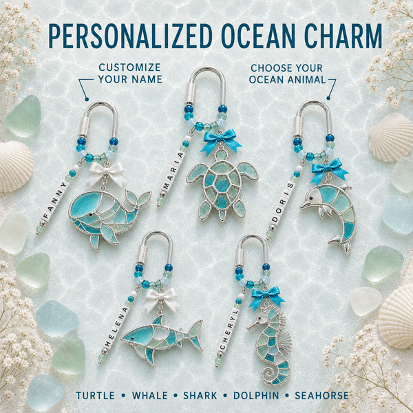 Pendentif personnalisé pour sac sur le thème des animaux marins, avec prénom et motif « verre de mer » : tortue, baleine, requin, dauphin ou hippocampe. Porte-clés, cadeau d'anniversaire ou de Noël po