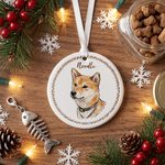 Personalized Watercolor Cartoon Pet Photo Ceramic Ornament with Name Christmas Tree Hanging Decor Christmas Pet Party Anniversary Gift for Pet Lovers