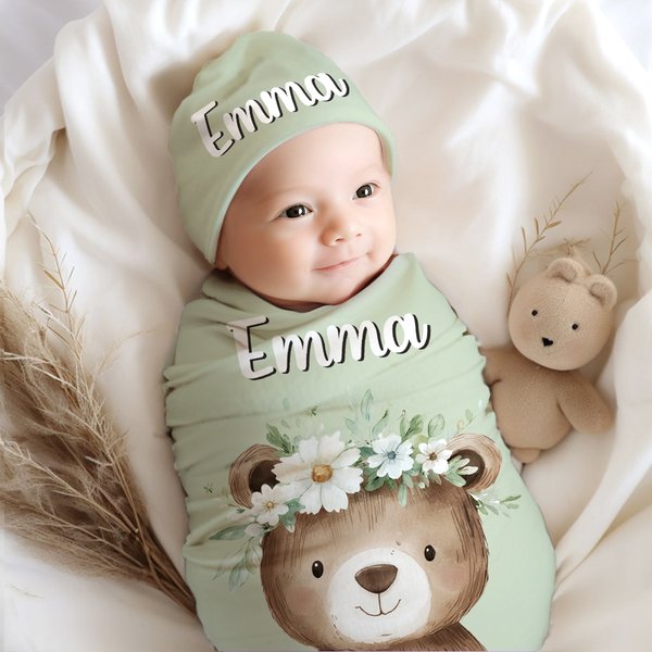 Set di coperte e cappelli in cotone al 100% con nome, regalo di compleanno per neonati, personalizzato con corona di fiori e animali.