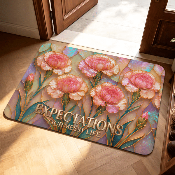 Personalized Pearlescent Birth Flower Design Anti-Slip Doormat with Text Home Decor Housewarming Birthday Gift for Women Family