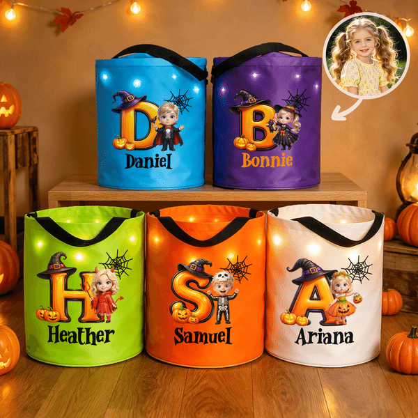 Personalized Halloween Theme Kid Photo LED Light Bucket Bag with Name and Initial Trick or Treat Halloween Party Gift for Boys Girls