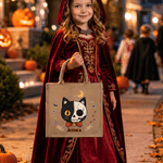 Personalised Halloween-Themed Fun Cat Head Large Capacity Jute Tote Bag with Name Halloween Party Gift for Family Kids