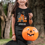 Personalised Cartoon Boy Girl Pumpkin Spider Witzard Initial 100% Cotton T-Shirt with Name Halloween Party Gift for Kids