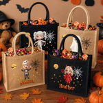 Personalized Halloween Witch Pumpkin Ghost Cartoon Kid Photo Large Capacity Jute Bag with Name Halloween Party Trick or Treat Activity Gift for Kids