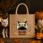 Personalised Halloween-Themed Fun Cat Head Large Capacity Jute Tote Bag with Name Halloween Party Gift for Family Kids