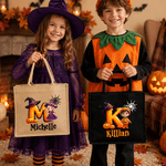 Personalised Pumpkin Halloween Cartoon Ghost Character Jute Tote Bag with Name Halloween Party Gift for Boys Girls