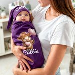 Personalized Blue Pink Highland Cow Swaddle and Knot Hat Set with Name Baby Shower Birthday Gift for Newborns Babies