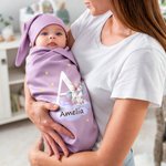 Personalized Multi-colour Cute Animal 100% Cotton Soft Swaddle and Knot Hat Set with Initial and Name Baby Shower Baptism Gift for Newborn