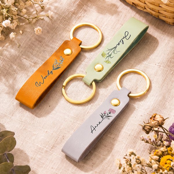 Personalised Birth Flower PU Leather Multicolour Keychain with Name Wedding Party Birthday Anniversary Gift for Her