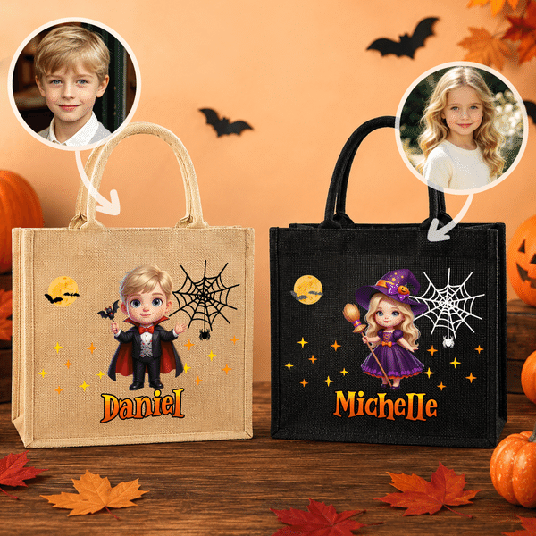 Personalized Halloween Witch Pumpkin Ghost Cartoon Kid Photo Large Capacity Jute Bag with Name Halloween Party Trick or Treat Activity Gift for Kids