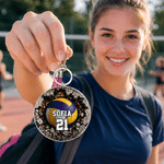 Personalised Breaking Wall Sport Ball Design Round Acrylic Keychain with Text Number and Tassel Backpack Charm Back to School Gift for Sports Lovers