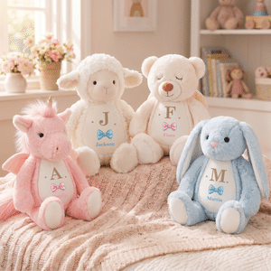 Personalised Cute Bow Bunny Bear Plush Toy with Name and Initial Daily Use Birthday Gift for Couple Kids