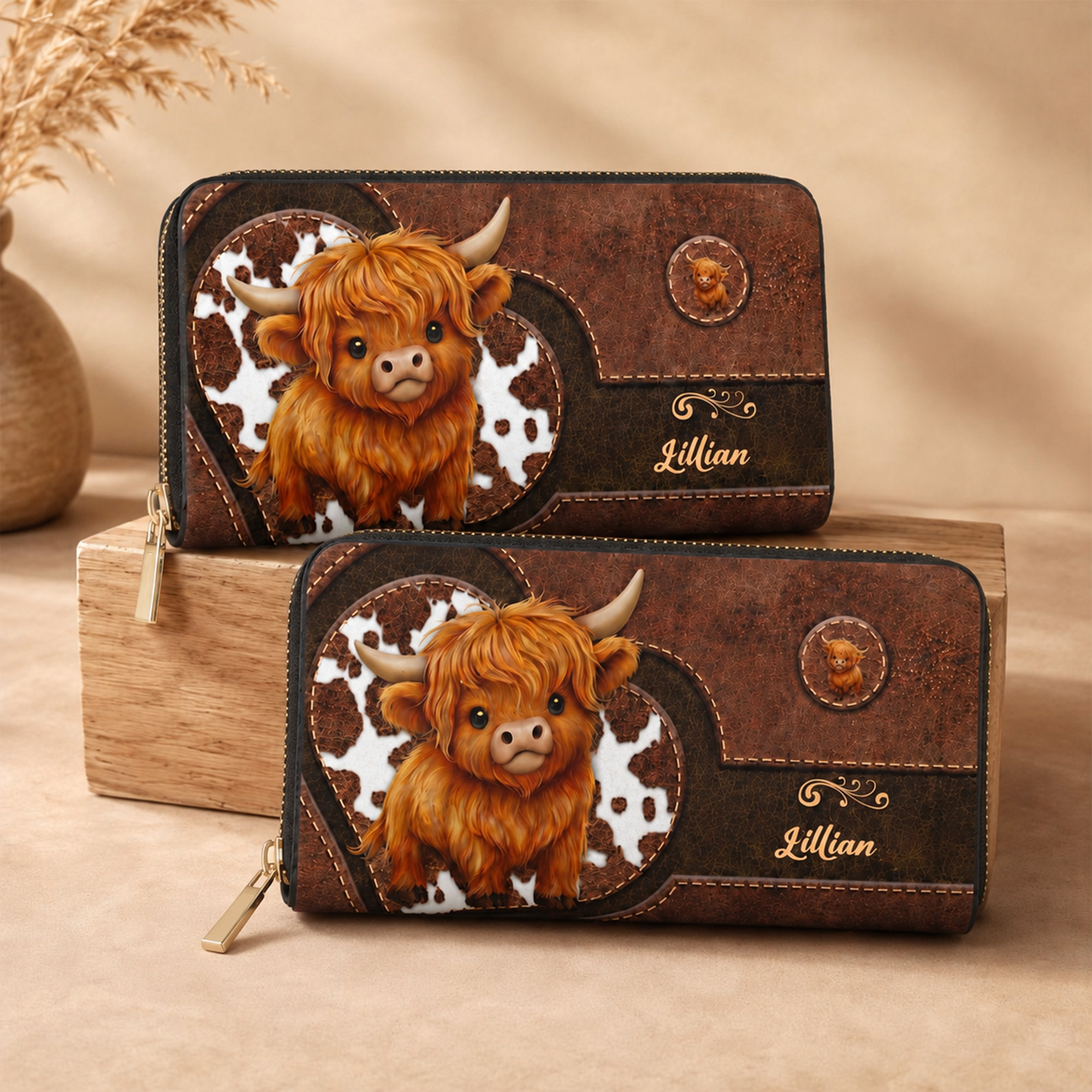 Personalisierte, niedliche Geldbörse aus PU-Leder mit Highland-Cow-Motiv und Namensgravur – für den täglichen Gebrauch, als Geschenk zum Geburtstag oder zum Jahrestag für sie, die Highland-Cow-Fans