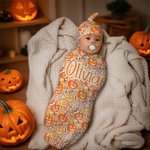 Personalised Pumpkin Flower 100% Cotton Swaddle and Knot Hat Set with Name First Halloween Baby Shower Birthday Gift for Baby Newborns