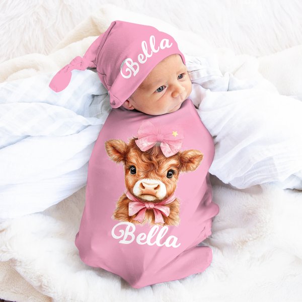 Personalized Blue Pink Highland Cow Swaddle and Knot Hat Set with Name Baby Shower Birthday Gift for Newborns Babies