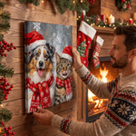 Personalized Oil Painting Style Christmas Hat Pet Photo Large Canvas Prints with Name Home Decor Ship from USA Christmas Gift for Pet Owner Lover