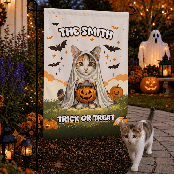 Personalized Cute Pet Photo Ghost Halloween Bat Pumpkin Garden Flag with Text Garden Decoration Halloween Gift for Gardening Lovers Pet Lovers