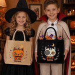 Personalised Halloween-Themed Fun Cat Head Large Capacity Jute Tote Bag with Name Halloween Party Gift for Family Kids