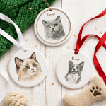 Personalized Watercolor Cartoon Pet Photo Ceramic Ornament with Name Christmas Tree Hanging Decor Christmas Pet Party Anniversary Gift for Pet Lovers