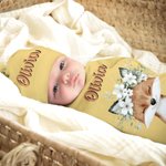 Set di coperte e cappelli in cotone al 100% con nome, regalo di compleanno per neonati, personalizzato con corona di fiori e animali.