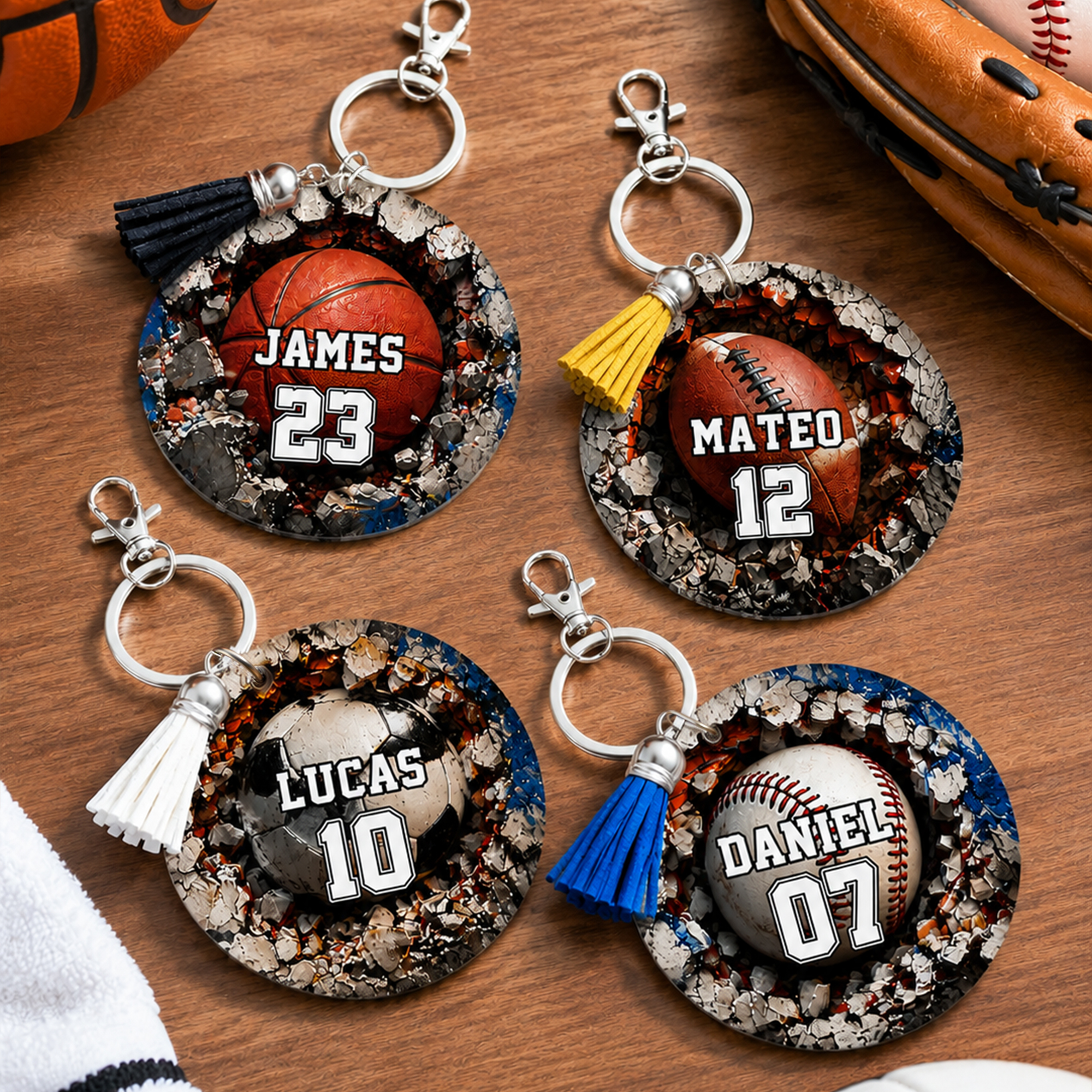 Individuell gestalteter Sportball-Anhänger aus Acryl in runder Form mit „Breaking Wall“-Motiv, Text, Nummer und Quaste – Rucksack-Anhänger als Geschenk zum Schulanfang für Sportbegeisterte