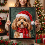 Personalized Oil Painting Style Christmas Hat Pet Photo Large Canvas Prints with Name Home Decor Ship from USA Christmas Gift for Pet Owner Lover
