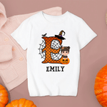 Personalised Cartoon Boy Girl Pumpkin Spider Witzard Initial 100% Cotton T-Shirt with Name Halloween Party Gift for Kids