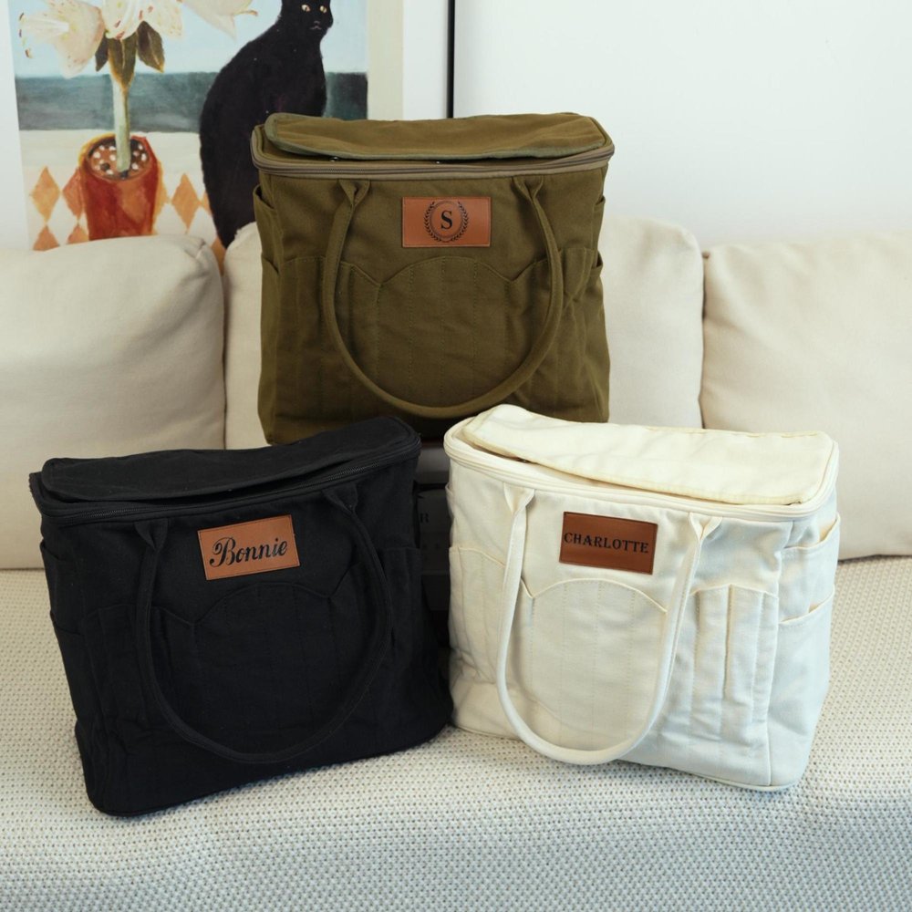 Custom Name Canvas Yarn Tote Bag | Multi-Pocket Knitting Storage, Birthday Gift for Craft Lovers 3