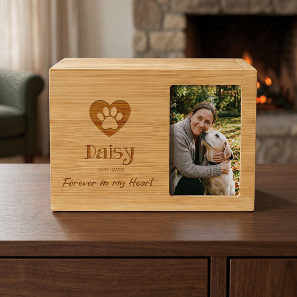 Personalized Paw Print Wooden Pet Cremation Urn Ash Box with Photo and Engraved Name Memorial Sympathy Gift for Pet Owners Lovers