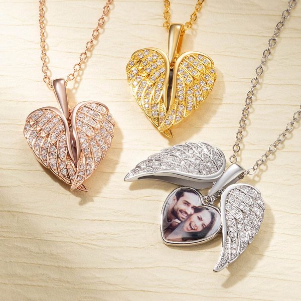 My Guardian Angel Always Close to My Heart - Personalized Sterling Silver Angel Wing Photo Locket Necklace