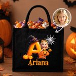Personalised Pumpkin Halloween Cartoon Ghost Character Jute Tote Bag with Name Halloween Party Gift for Boys Girls
