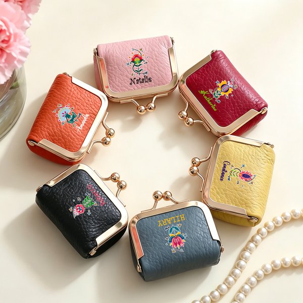 Personalised Colourful Folk Art Flower Portable Genuine Leather Mini Jewellery Case with Kiss Lock and Name Daily Use Birthday Gift for Women