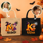 Personalised Pumpkin Halloween Cartoon Ghost Character Jute Tote Bag with Name Halloween Party Gift for Boys Girls
