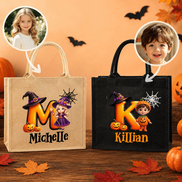 Personalised Pumpkin Halloween Cartoon Ghost Character Jute Tote Bag with Name Halloween Party Gift for Boys Girls
