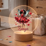 Personalised Black Birth Flower Fairy LED Night Light with Name and Wooden Base Room Decor Birthday Gift for African American Girls