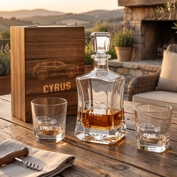 Personalized Car Silhouette Photo Whiskey Decanter Glass and Wooden Box Set with Engraved Name Bar Party Birthday Gift for Car Enthusiasts