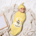 Personalized Multi-colour Cute Animal 100% Cotton Soft Swaddle and Knot Hat Set with Initial and Name Baby Shower Baptism Gift for Newborn