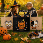 Personalised Halloween-Themed Fun Cat Head Large Capacity Jute Tote Bag with Name Halloween Party Gift for Family Kids
