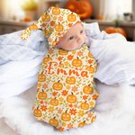 Personalised Pumpkin Flower 100% Cotton Swaddle and Knot Hat Set with Name First Halloween Baby Shower Birthday Gift for Baby Newborns