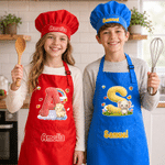 Personalized Cute Animal Initial Adjustable Kid Apron Chef Hat Set with Name and Pocket for Cooking Birthday Gift for Boys Girls