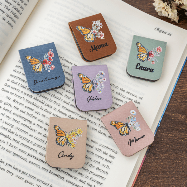 Personalised Butterfly Birth Flower Magnetic PU Leather Bookmark Clip with Name Reading Accessory Daily Use Birthday Gift for Bookworm Book Lover