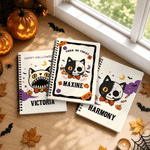 Personalised Halloween Theme Kitty Pumpkin Sweets A5 Spiral Notebook with Name and Text Halloween Gift for Kid Halloween Lover
